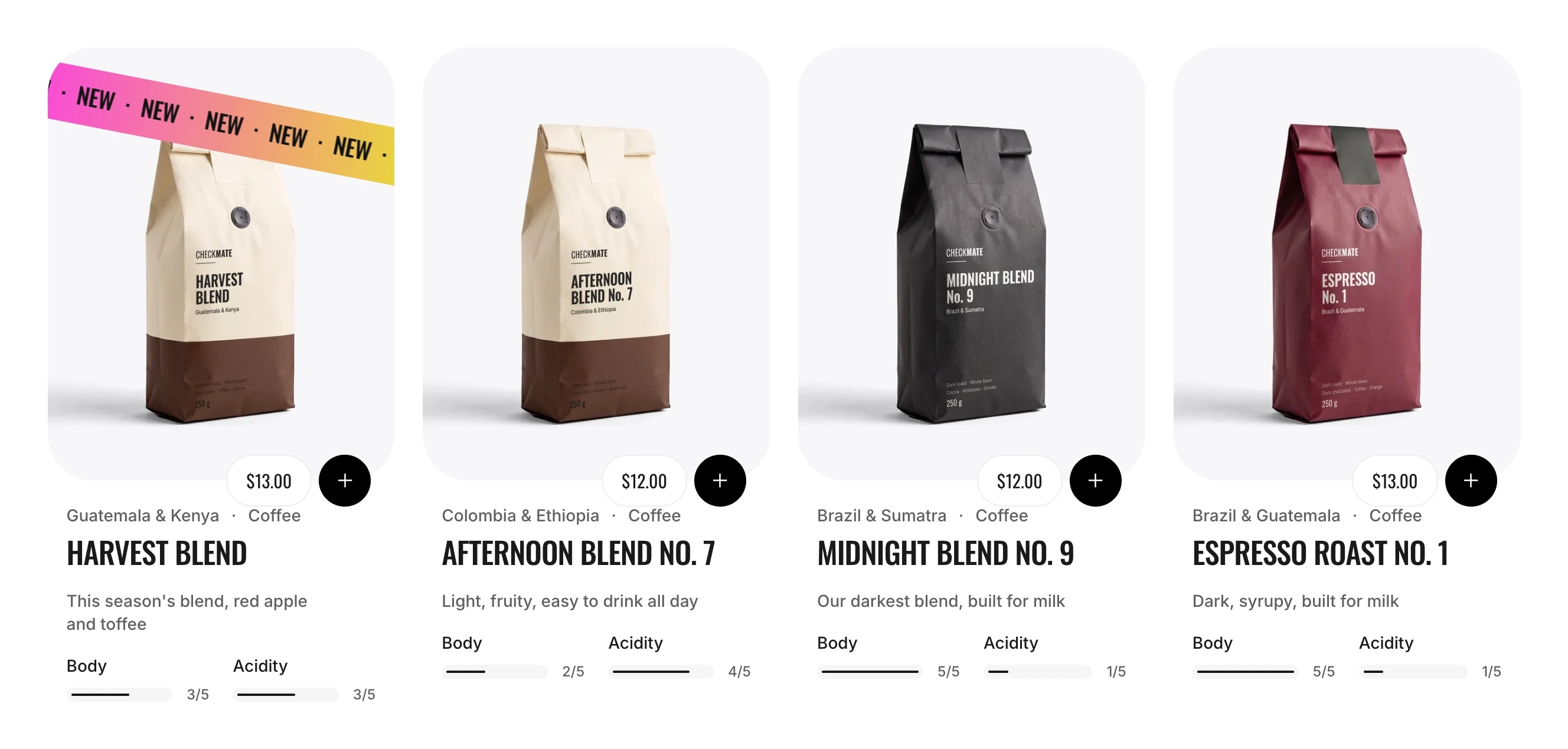 Row of four coffee product cards, the first with a New ribbon in the accent gradient across its photo